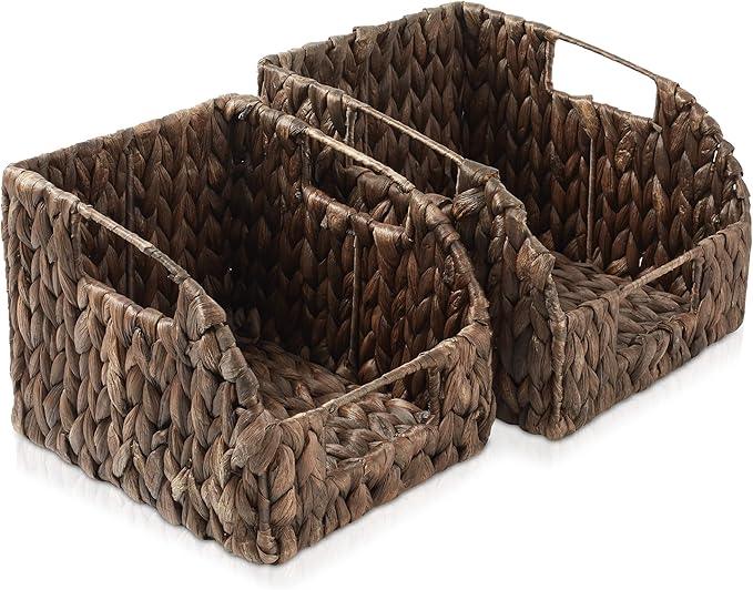 Casafield Set of 2 Water Hyacinth Pantry Baskets with Handles - Espresso, Woven Storage Bin Organizers for Kitchen Shelves, Medium and Large Sizes - ModernBath