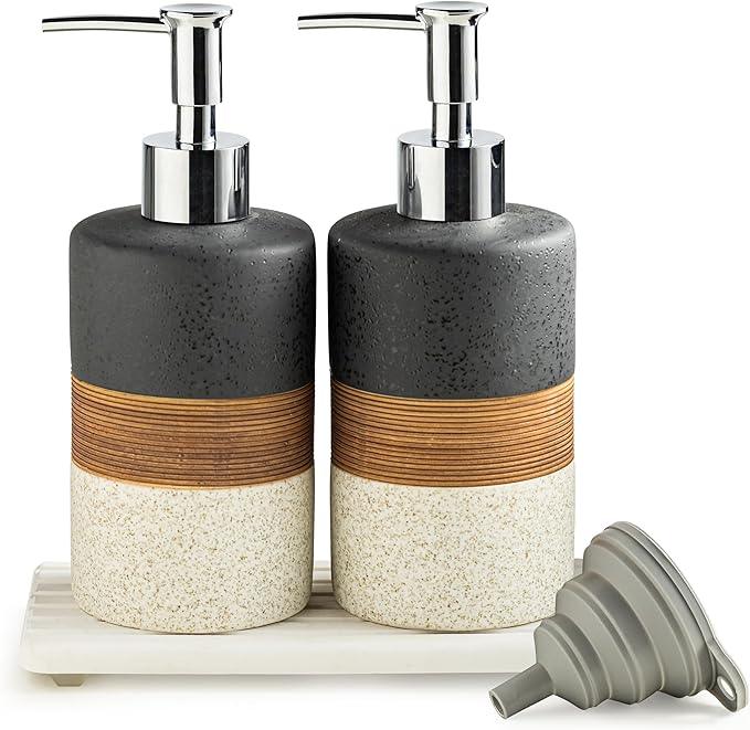 Cormomu Ceramic Dish Soap Dispensers Set(2 Pack), Hand, Dish, Shower Soap Dispenser for Kitchen Sink & Bathroom, Includes Stainless Steel Pump, Silicone Funnel & Diatomaceous Holder, Black - ModernBath