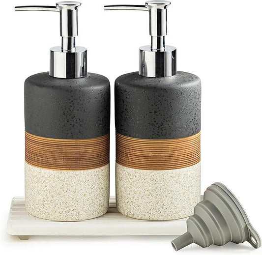 Cormomu Ceramic Dish Soap Dispensers Set(2 Pack), Hand, Dish, Shower Soap Dispenser for Kitchen Sink & Bathroom, Includes Stainless Steel Pump, Silicone Funnel & Diatomaceous Holder, Black - ModernBath