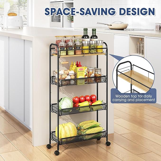 TOOLF 4-Tier Slim Rolling Cart, Metal Utility Cart, Slide Out Storage Cart with Wooden Tabletop and Mesh Baskets for Narrow Space on Kitchen Bathroom Laundry Room Bedroom Apartments Dormitory - ModernBath