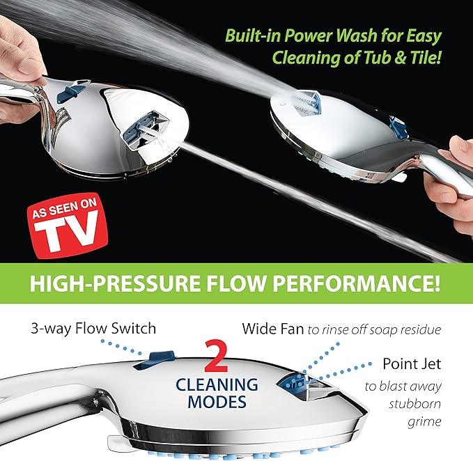 Hotel Spa AquaCare High Pressure 8-Mode Handheld Shower Head - Anti-clog Nozzles, Built-in Power Wash to Clean Tub, Extra Long 6 ft. Stainless Steel Hose, Wall & Overhead Brackets - ModernBath
