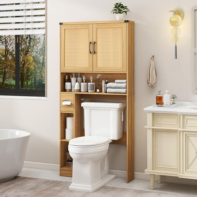 Vabches Over The Toilet Storage Cabinet, Farmhouse Rattan Storage Cabinet Over Toilet with 2 Rattan Barn Doors & Home Space-Saving Toilet Rack, for Bathroom, Restroom, Laundry - ModernBath
