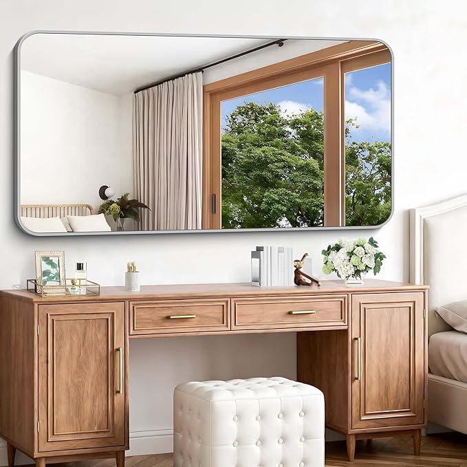 CIVENO Silver Bathroom Mirror, 72 x 36 Inch Large Rectangle Mirror, Rectangular Vanity Mirror Aluminum Metal Frame, Rounded Corner Wall Mirror for Living Room Bedroom Entryway Horizontal/Vertical - ModernBath