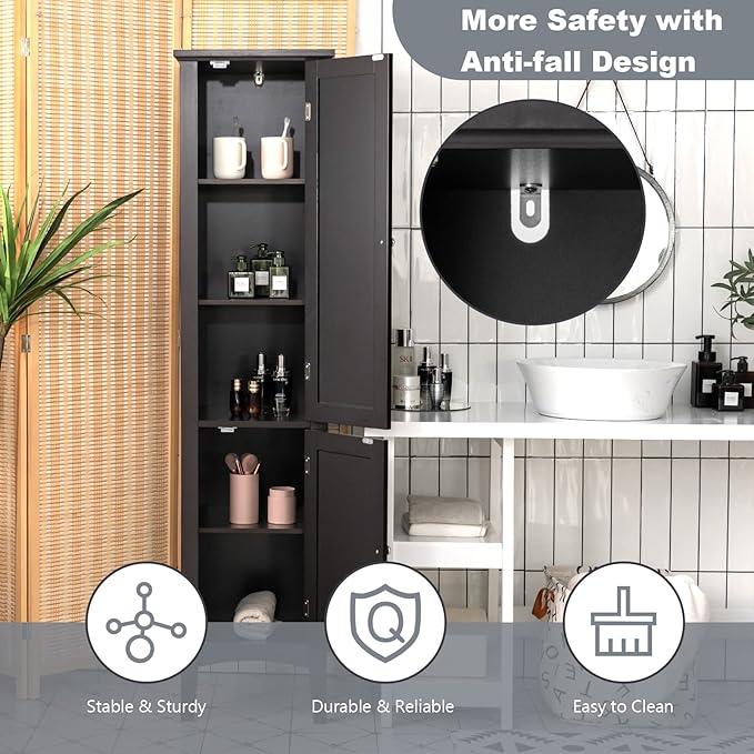 Tangkula Tall Bathroom Storage Cabinet, 5-Tier Wooden Freestanding Tower Cabinet, Narrow Storage Floor Cabinet w/ 2 Doors & Shelves for Bathroom Living Room Kitchen (Black) - ModernBath