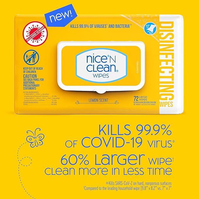 Nice 'N Clean Disinfecting Surface Wipes 72ct | Cleans & Disinfects Home & Kitchen Surfaces | Lemon Scent - ModernBath