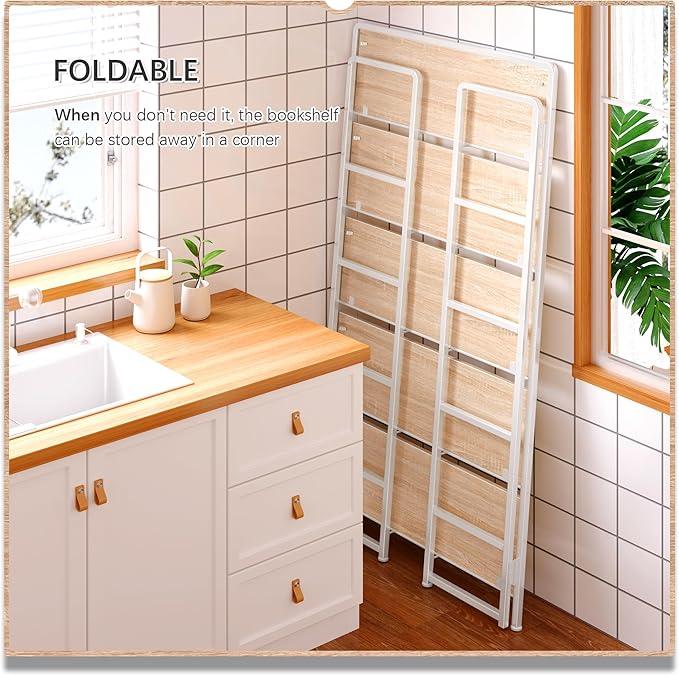 4NM No Assembly Extra Wide 5 Tiers Folding Bookshelf Storage Shelves Vintage Bookcase Standing Racks Study Organizer Home Office (Natural White) - ModernBath