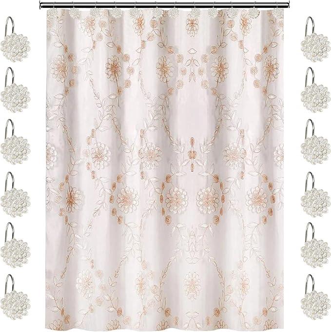 Zahari Home 13pc Rose Vine Bathroom Sheer Shower Curtain Sets Sheer Shower Curtain & 12 Shower Bathroom Hooks Modern Classic Luxury Contemporary Decor Beige Shower Curtain Set - ModernBath
