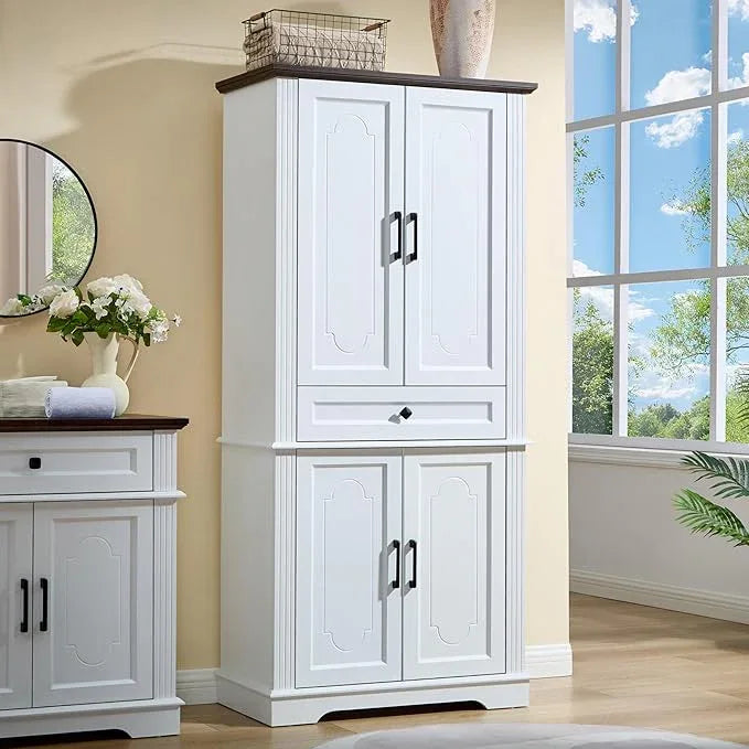 71" White Tall Pantry Cabinet with Drawer and Adjustable Shelves, Modern Storage Cabinet with Doors, Kitchen Buffet Cabinet, Food Pantry Storage Cabinet, Coffee Bar, Living Room and Dining Room - ModernBath