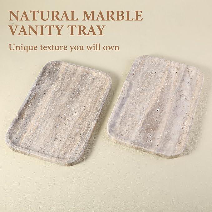 Karibiber Marble Vanity Trays, Travertine Bathroom Tray, Decorative Tray for Dresser Countertop, Grey Stone Serving Holder for Kitchen, Storage Trays for Perfume, Jewelry Candle Organizer - ModernBath