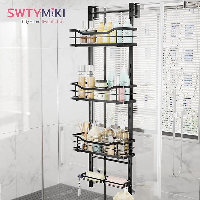 SWTYMIKI Over the Door Shower Caddy - 4 Tier Adjustable Shower Organizer Hanging with Soap Holder, No Drilling Stainless Steel Bathroom Rack Hanging for Body Wash, Shampoo, Soap, Razor, Black - ModernBath