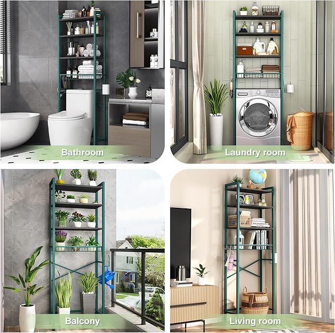 Over-The-Toilet Storage Rack, 4-Tier Bathroom Organizer Shelf Over Toilet with Adjustable Shelf and Basket, Freestanding Space Saver Bathroom Shelves Above Toilet for Room (Green- Black) - ModernBath