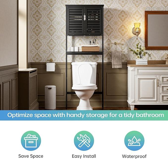 SMIBUY Bathroom Over The Toilet Storage Cabinet, 2 Door Bamboo Cabinet Organizer, Freestanding Space Saver Toilet Rack with Adjustable Inside Shelf and Open Shelf (Black) - ModernBath