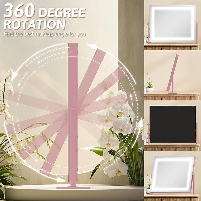 ROLOVE Pink Vanity Mirror with Lights 22"x18", Lighted Makeup Mirror with 10X Magnification, Smart Touch 3 Colors Dimmable, 360° Rotation, Gift for Teens - ModernBath