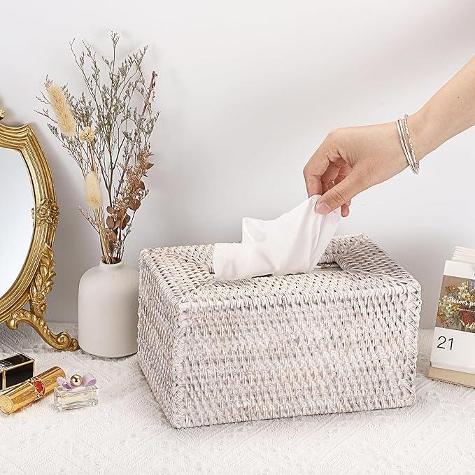 Sumnacon Tissue Box Cover Large Rectangle Tissue Box Rattan Tissue Box Holder,Wicker Decorative Tissue Holder for Bathroom Toilet Living Room Kitchen Office Table Desk,Whitewash - ModernBath