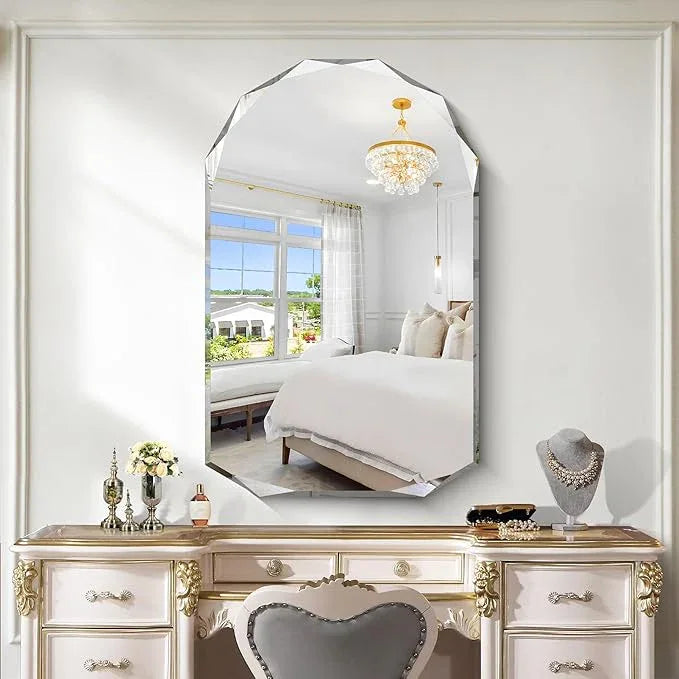 KOCUUY 30"x48" Frameless Mirror, Arched Shape with Diamond-Shaped Beveled Edge,Unframed Decorative with Upgraded Shatterproof Glass,Unique Frameless Mirror for Bathroom,Living Room,Bedroom - ModernBath