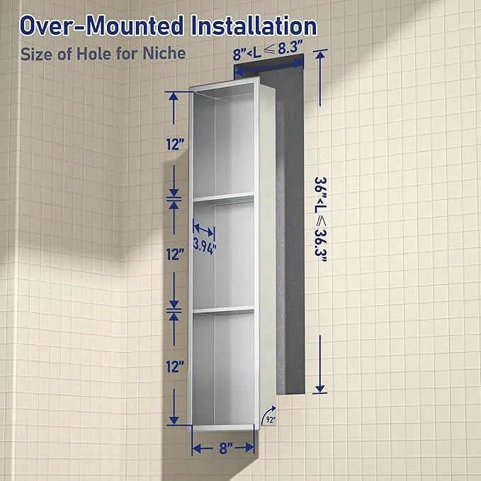 Stainless Steel Shower Niche 8"×36" with 3-Tier Shelves Brushed No Tiled Needed Niche Shower for Bathroom Wall Recessed Shower Shelf for Storage - ModernBath