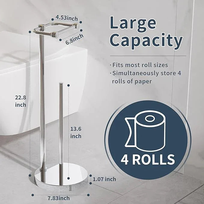 Toilet Paper Holder Stand, Post Pivoting Design Free Standing Toilet Paper Holder with Storage for 4 Rolls, SUS304 Stainless Steel Tissue Holder with Reserve, Heavy-Duty Base (Chrome) - ModernBath