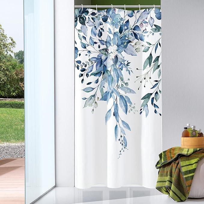 Gibelle Small Stall Shower Curtain 36 x 72, Narrow Blue Floral Shower Curtain for Bathroom, Watercolor Plant Eucalyptus Leaves Fabric Shower Curtain Set - ModernBath