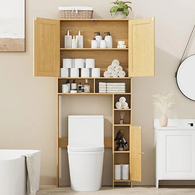 Homhedy 67" H Over The Toilet Storage Cabinet, Boho Bathroom Organizer with Rattan Decorated Doors, Adjustable Shelves, Toilet Paper Holder, Space-Saving Bathroom Shelf for Small Spaces, Natural - ModernBath