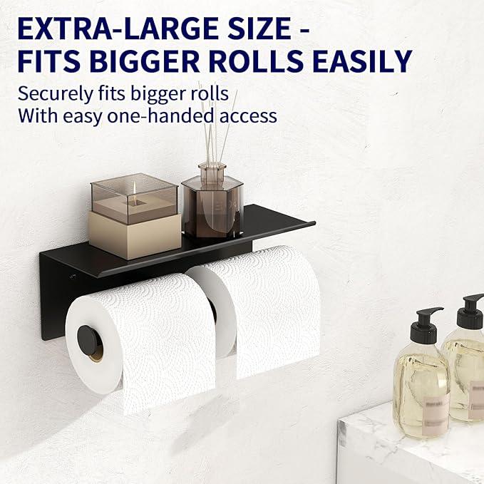 YUMORE Toilet Paper Holder, 304 Stainless Steel Bathroom Double Roll Tissue Holder with Shelf, Wall Mounted Washroom Dual TP Dispenser Storage（Black） - ModernBath
