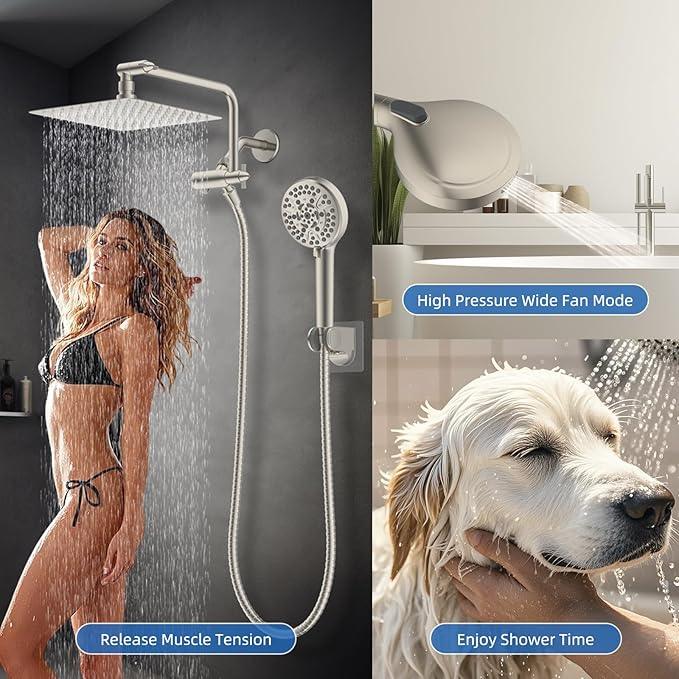 All Metal Shower Head, 10" High Pressure Rainfall/Handheld Shower Combo with 11" Extension Arm, 10-Spray Handheld Showerhead, 71" Long Hose, 3-Way Diverter Valve, Brushed Nickel - ModernBath