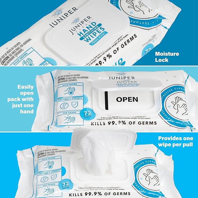 Juniper CLEAN, 3 Pack Hand Sanitizing Wipes, 216 Count Disposable Hand Sanitizer Wipes, Fresh Scent, Lint Free & Durable - ModernBath