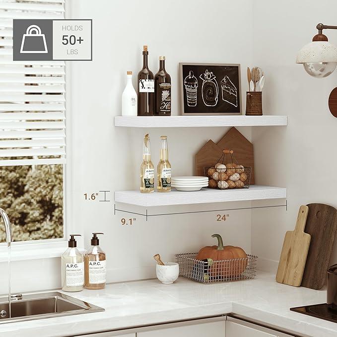 Vivelove Floating Shelves for Wall 24 inchs Long, 9.1” deep x 1.6” Wall Shelf for Bedroom, Bathroom, Living Room, Kitchen, Office Home Decor, Deep Wood Shelves with Invisible Brackets, Set of 2 White - ModernBath