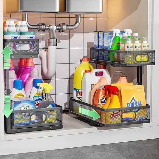 Under Sink Organizer, High Adjustable 2 Tier Under Sink Organizers and Storage, Slide Out Metal Cabinet Organizers, Pull Out Sink Storage Drawer Shelf for Kitchen Bathroom Cabinet, Black, 2 Pack - ModernBath