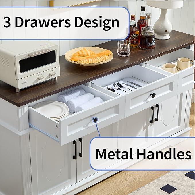 63" White Buffet Sideboard Cabinet with 4 Doors and 3 Drawers, Modern Farmhouse Kitchen Storage Cabinet, Coffee Bar Cabinet with Adjustable Shelves, Living Room Storage, Dining Room - ModernBath