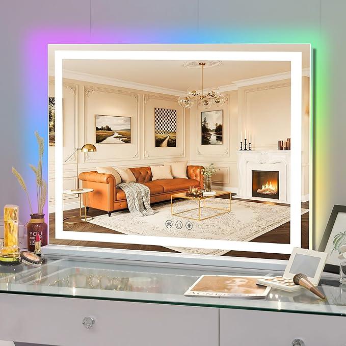 FENCHILIN Vanity Mirror with Lights, 32" x 23" RGB Backlit + Front Lit Large Hollywood Makeup Vanity Mirror LED Strip with 3 Colors Modes Smart Touch for Dressing Room & Bedroom White - ModernBath