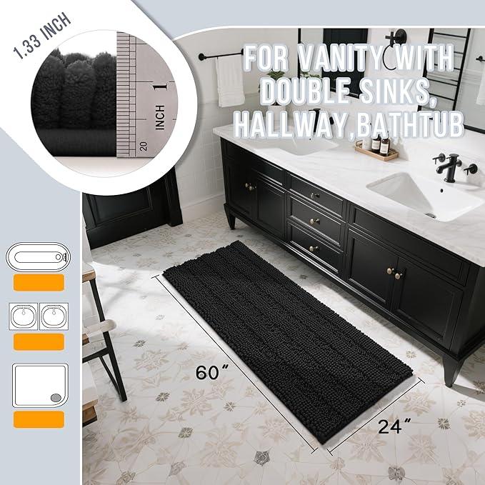 Yimobra Bathroom Runner Rugs 60"x24", Non Slip and Absorbent Bath Mat, Super Soft Water Absorbent Hallway Carpet, Machine Washable Rug for Vanity Tub Shower, Black - ModernBath