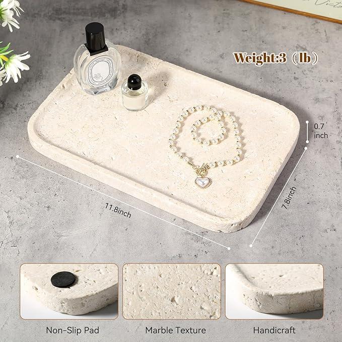 Karibiber Natural Marble Vanity Tray, 11.8" Marble/Stone Bathroom Tray Countertop, Beige Tray for Decor, Perfume Jewelry Holder, Storage/Organizer for Kitchen Sink - ModernBath
