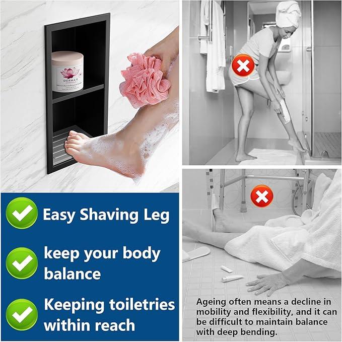 Qeke Shower Foot Rest for Shaving Legs, 304 Stainless Steel Footrest Niche with Shaving Holder, Recessed Shower Niche for Shaving Legs, Matte Black, 5.9" X 12.3" - ModernBath