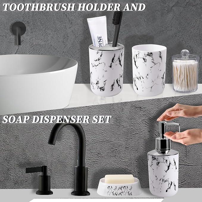 XLHOMO White Marble Bathroom Accessories Set, White Bathroom Set with Trash Can, Vanity Tray, Soap Dispenser, Soap Dish, Toothbrush Holder, Toothbrush Cup, Toilet Brush and Qtip Holders for Bathroom - ModernBath