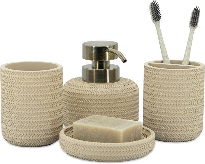 ZCCZ Beige Bathroom Accessories Set 4 Pcs - Toothbrush Holder, Soap Dispenser, Vanity Tray, Tumbler - Countertop Organizer for Bathroom Decor - Stylish and Functional Accessory Set for Home - ModernBath