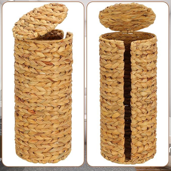 Stand Paper Storage with Lid Spare Extra 3 Rolls of Toilet Tissue Holder Free Standing Water Hyacinth Wciker Toilet Paper Organizer Basket for Bathroom - ModernBath