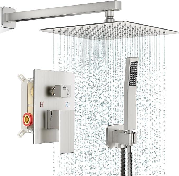 FPXRNG Shower Faucet Set Bathroom Square Rain Shower Head and Handle Set, Wall Mounted Shower Fixtures, Full Metal Trim Repair Kit 12 inch Brushed Nickel (With Shower Valve) - ModernBath