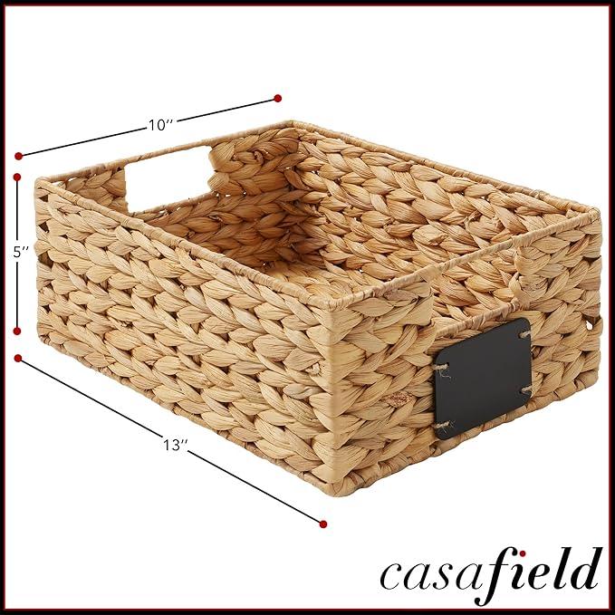 Casafield Set of 4 Water Hyacinth Pantry Baskets, 10" x 13" x 5", with Chalkboard Labels and Chalk Marker - Natural, Woven Storage Bin Organizers for Kitchen Shelves - ModernBath