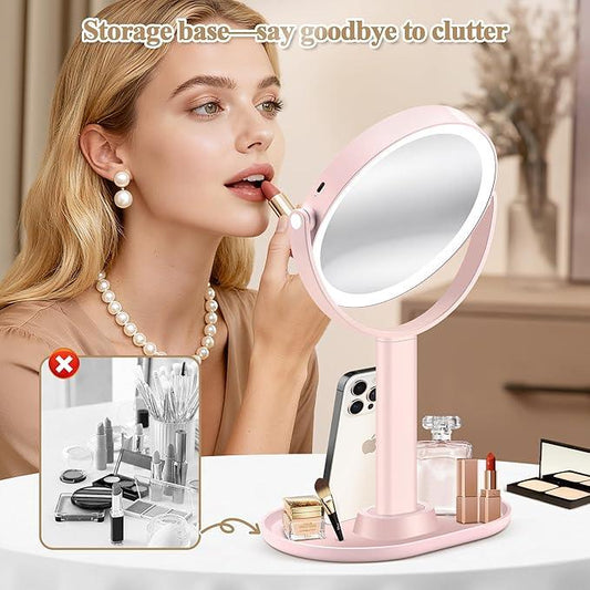 MOMOKUBA Makeup Mirror with Lights, Double Sided 1x/30x Magnifying Mirror with Light, Rechargeable 3 Color Lights and Adjustable Brightness, 360° Rotation Detachable Comes with Tweezer(Pink) - ModernBath