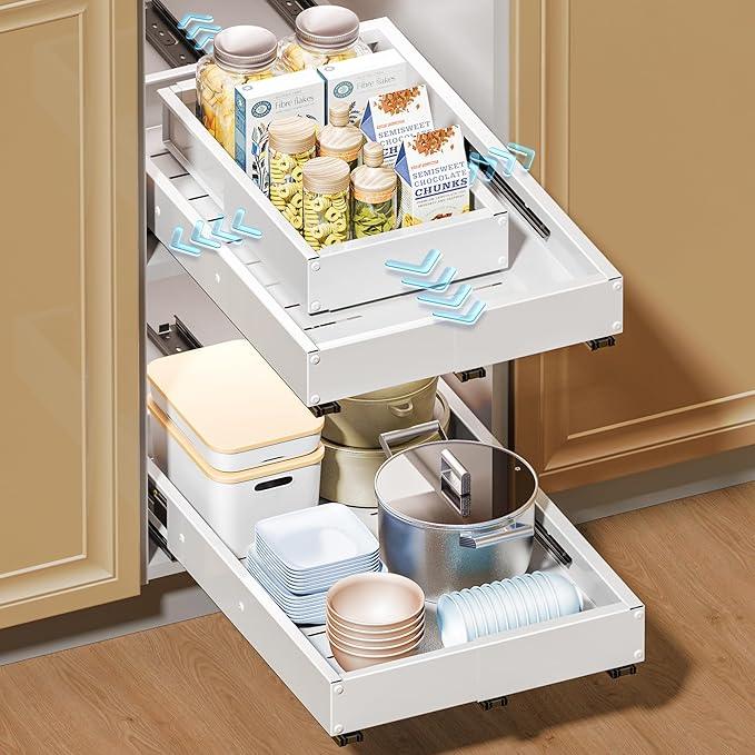 Pull Out Cabinet Organizer, 2 Pack Slide Out Drawer Expandable Width (10"-16") and Depth (17"-25") With 3 Slides, Fixed with Adhesive Film or Nail for Cabinets in Kitchen, Pantry or Bathroom - ModernBath