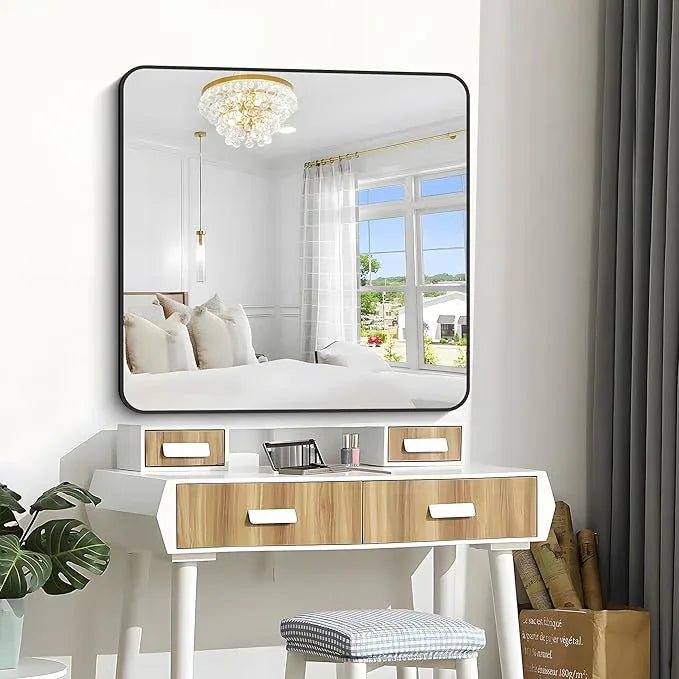 CIVENO Bathroom Mirror, 42x42 inch Black Square Wall Mirror, Rounded Corner Aluminum Metal Frame Vanity Mirror, Large Wall Mounted Mirrors for Over Sink Bedroom Living Room Entryway - ModernBath