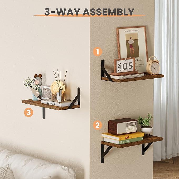 upsimples Floating Book Shelves for Wall, 15.7 Inches Wood Shelves for Living Room, Bathroom, Bedroom, Kitchen Storage and Decoration, Brown - ModernBath