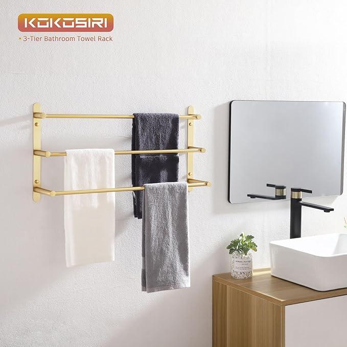 KOKOSIRI Bath Towel Bars Bathroom 3-Tiers Ladder Towel Holder Rails Wall Mounted Towels Shelves Rack Stainless Steel, Brushed Gold, B5002BG-L24 - ModernBath
