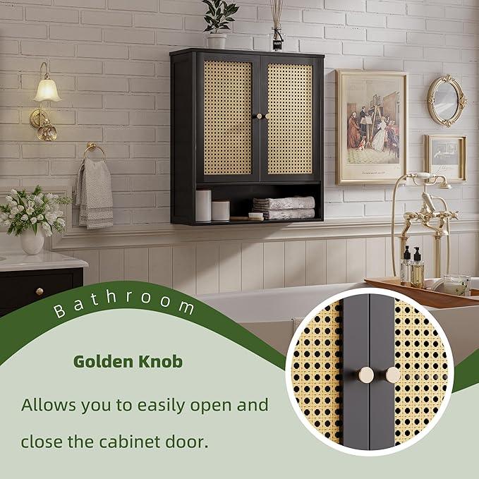 Bathroom Wall Cabinet, Bamboo Over-The-Toilet Storage Organizer with 2 Rattan Doors and Adjustable Shelf, Space Saver Medicine Cabinet for Laundry, Kitchen, Living Room (Black) - ModernBath