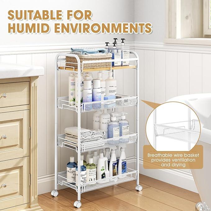TOOLF 4-Tier Rolling Cart, Metal Utility Cart, Slide Out Storage Cart with Wooden Tabletop and Mesh Baskets, Easy Assemble Trolley for Kitchen Bathroom Laundry Room Bedroom Apartments Dormitory - ModernBath