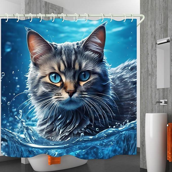 LYFANS Bathroom with Sea Cat 3D Shower Curtains, Luxury Bathtub Standard Shower Curtain, Waterproof and Bright Fabric Shower Curtain Size (72x72 Inches) - ModernBath