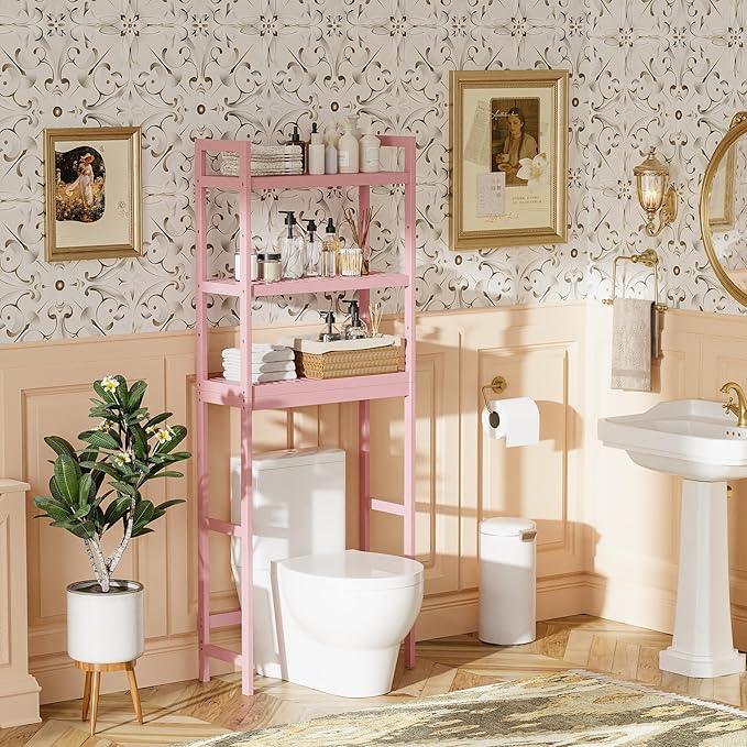 SMIBUY Bathroom Storage Shelf, Bamboo Over-The-Toilet Organizer Rack, Freestanding Toilet Space Saver with 3-Tier Adjustable Shelves (Pink) - ModernBath