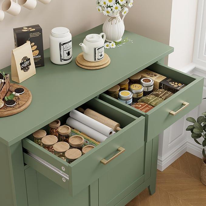 HORSTORS Kitchen Storage Cabinet, Modern Farmhouse Buffet Cabinet with Storage, Coffee Bar with 2 Drawers and 2 Doors, Floor Sideboard Buffet for Living Room, Dining Room, Bathroom, Green - ModernBath
