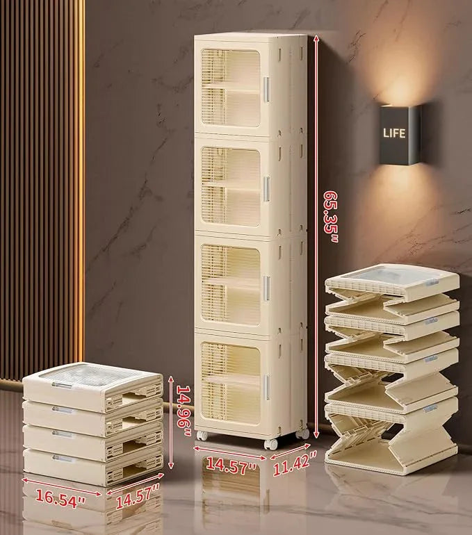 4-Tier Tall Narrow Bathroom Storage Cabinet with Doors and Adjustable Shelves Slim Foldable Cabinets with Wheels Small Spaces Plastic Organizers for Kitchen Laundry Room Bedroom Pantry,Beige - ModernBath
