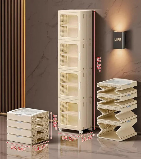 4-Tier Tall Narrow Bathroom Storage Cabinet with Doors and Adjustable Shelves Slim Foldable Cabinets with Wheels Small Spaces Plastic Organizers for Kitchen Laundry Room Bedroom Pantry,Beige - ModernBath